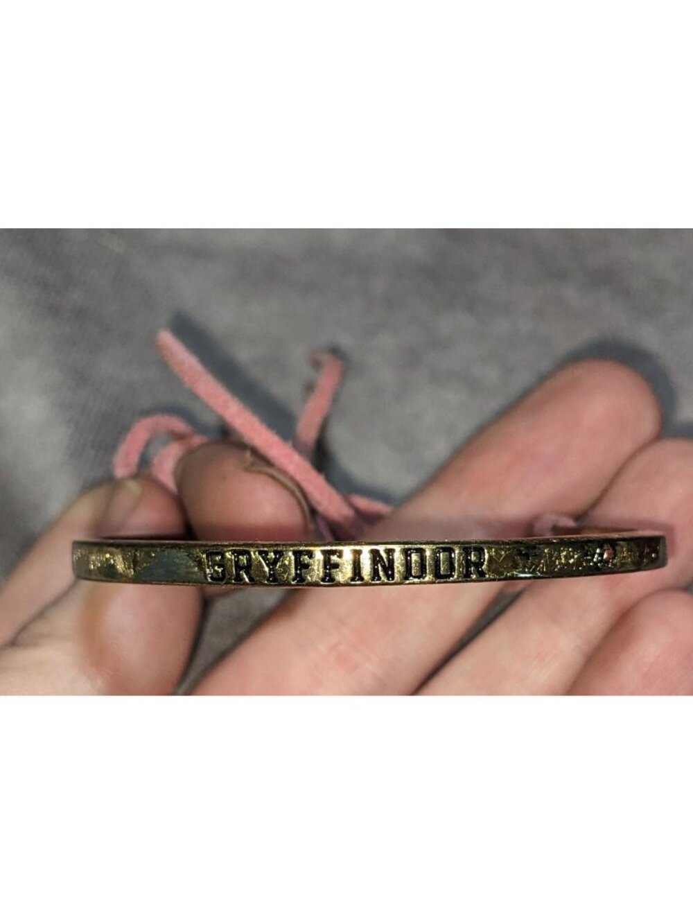 Y2K Fandom Preppy Gryffindor Gold Tone Pink Suede Tie Bangle Bracelet